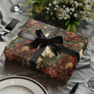 Hoja De Papel De Regalo Navidad de Lujo Rojo y Floral Blanco de Invierno