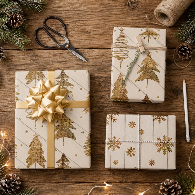 Hoja De Papel De Regalo Navidad de Oro Rústico (Rustic Gold Christmas Wrapping Paper Sheets)