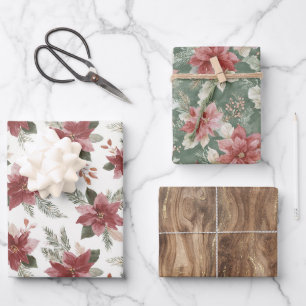Hoja De Papel De Regalo Navidad Floral Madera Falsa Dorada Marrón Rojo Ver