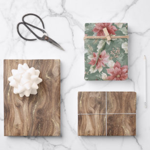 Hoja De Papel De Regalo Navidad Floral Roja Madera Falsa Dorada Marrón