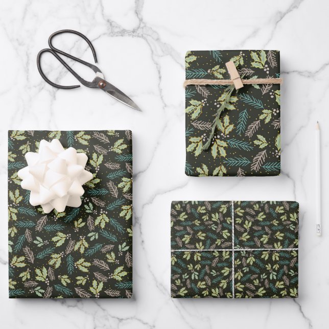 Hoja De Papel De Regalo Navidad Holly de moda  (Anverso)