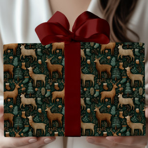 Hoja De Papel De Regalo Navidad Moderna Rústica Bosque Ciervo & Pino 
