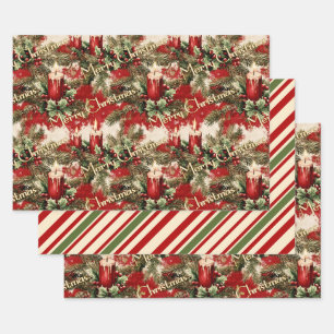Hoja De Papel De Regalo Navidad retro vintage: Velas rojas y holly