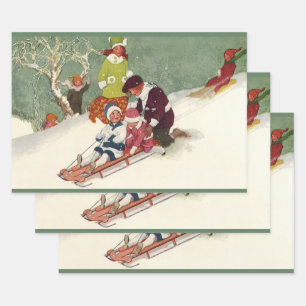 Hoja De Papel De Regalo Navidad vintage, niños descansando en la nieve
