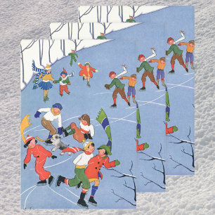 Hoja De Papel De Regalo Navidad vintage, niños patinando hielo en un lago