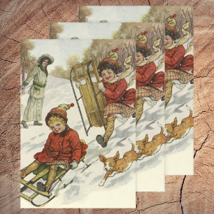 Hoja De Papel De Regalo Navidad vintage, niños victorianos esparciendo per