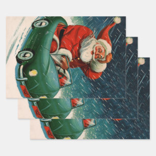 Hoja De Papel De Regalo Navidad vintage, Santa Claus en un auto lindo
