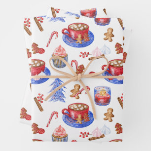 Hoja De Papel De Regalo Navidades acuarela chocolate caliente y dulces