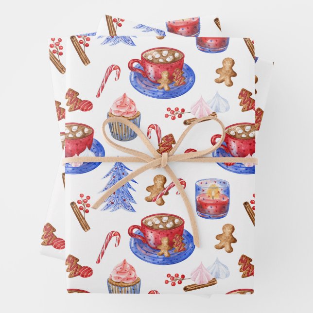 Hoja De Papel De Regalo Navidades acuarela chocolate caliente y dulces (In situ)