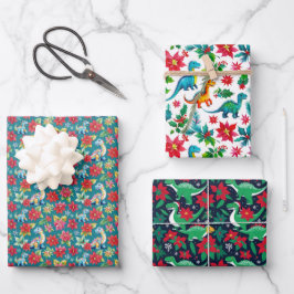 Hoja De Papel De Regalo Navidades Adorables Dinosaurios Y Poinsettias