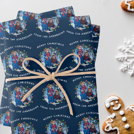 Hoja De Papel De Regalo Navidades alumbran foto familiar azul personalizad