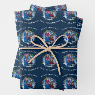 Hoja De Papel De Regalo Navidades alumbran foto familiar azul personalizad