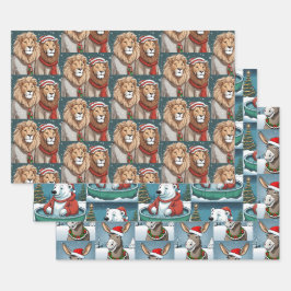 Hoja De Papel De Regalo Navidades Animales, León, Oso Polar y Burro