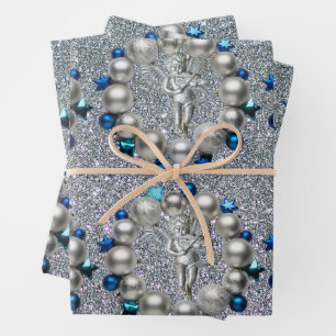 Hoja De Papel De Regalo Navidades azul plateado Wreath Cherub