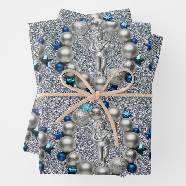 Hoja De Papel De Regalo Navidades azul plateado Wreath Cherub (In situ)