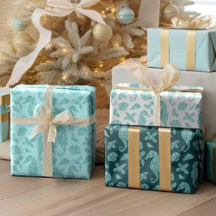 Hoja De Papel De Regalo Navidades azules Aqua Purpurina costero caballitos