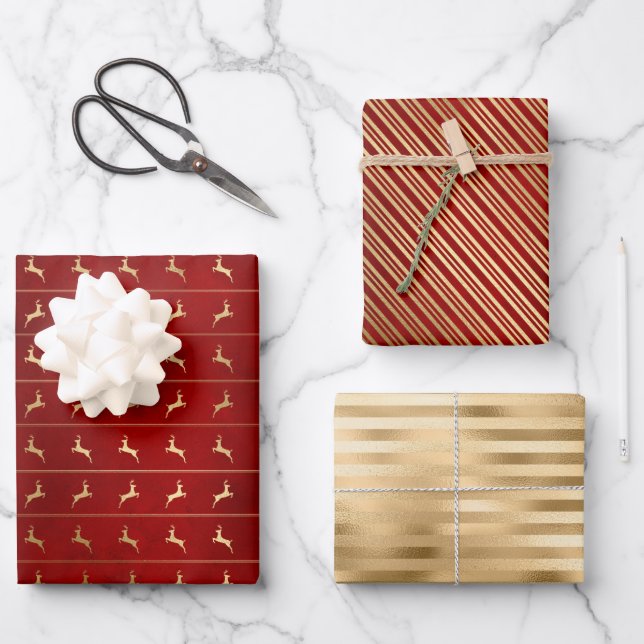 Hoja De Papel De Regalo Navidades Bandas de venado Patrones Oro Rojo (Anverso)