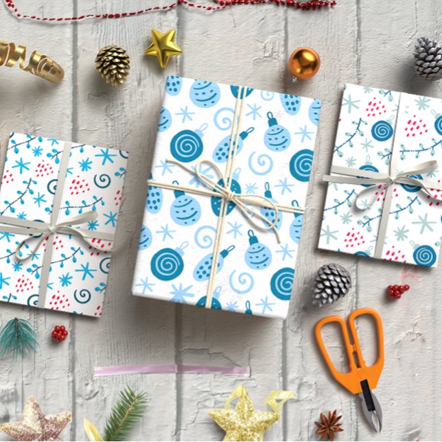 Hoja De Papel De Regalo Navidades baubles conjunto azul de 3 (Christmas baubles blue set of 3 wrapping paper sheet)