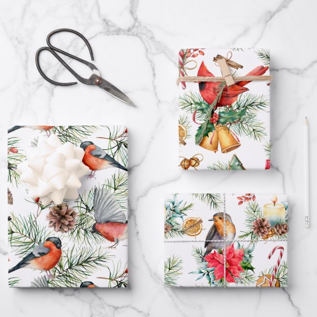 Hoja De Papel De Regalo Navidades Birds Greenery (Anverso)