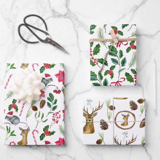 Hoja De Papel De Regalo Navidades blancos modernos con un patrón de acuare (Anverso)