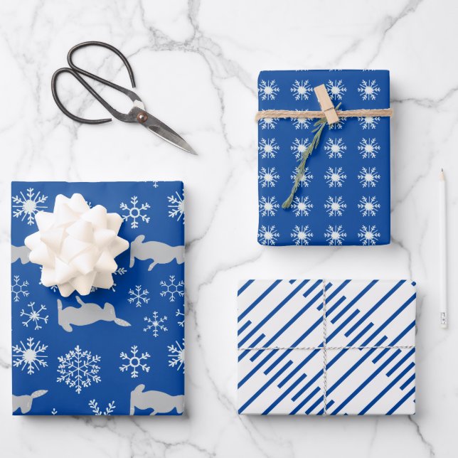Hoja De Papel De Regalo Navidades Blue Snowflakes and Bunnies (Anverso)