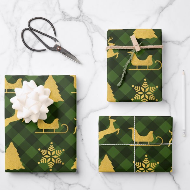 Hoja De Papel De Regalo Navidades Bolas de oro verdes y negras (Anverso)