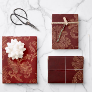 Hoja De Papel De Regalo Navidades Borgoña de Damasco Rojo y Oro