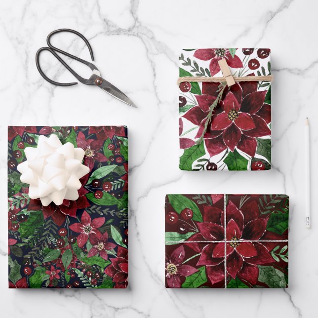 Hoja De Papel De Regalo Navidades Burgundy Poinsettia Flores acuáticas (Anverso)