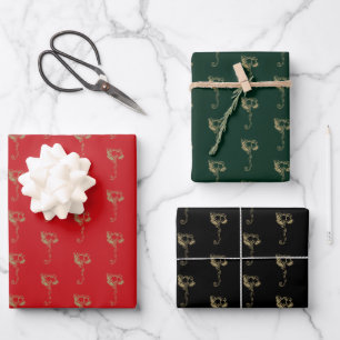 Hoja De Papel De Regalo Navidades campanas oro rojo verde oscuro lindo