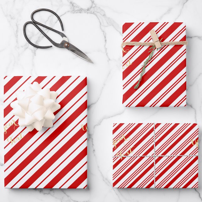 Hoja De Papel De Regalo Navidades Candy Cane Red Stripes Gold Textos Fiest (Christmas Candy Cane Red Stripes Gold Text Holiday Wrapping Paper Sheets)