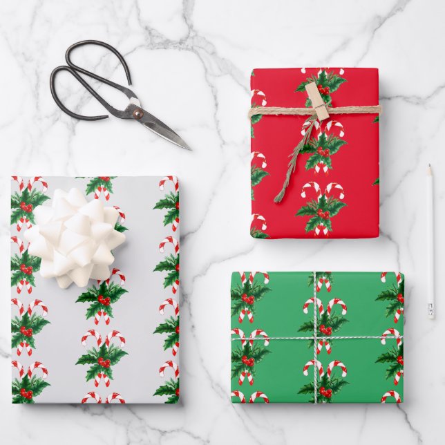 Hoja De Papel De Regalo Navidades Candy Canes & Holly (Anverso)