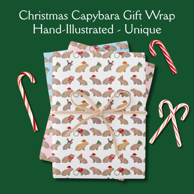 Hoja De Papel De Regalo Navidades Capybara Cute Zoo Animal dibujado a mano (Hand-drawn cute Christmas capybaras pose with Santa hats, wreaths, and reindeer antlers. )