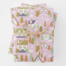 Hoja De Papel De Regalo Navidades Casas Rosa