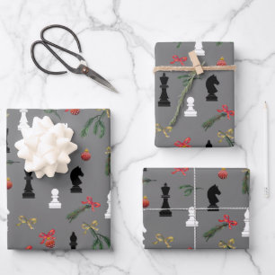 Hoja De Papel De Regalo Navidades Chess Pieces Juego Patrón Gris