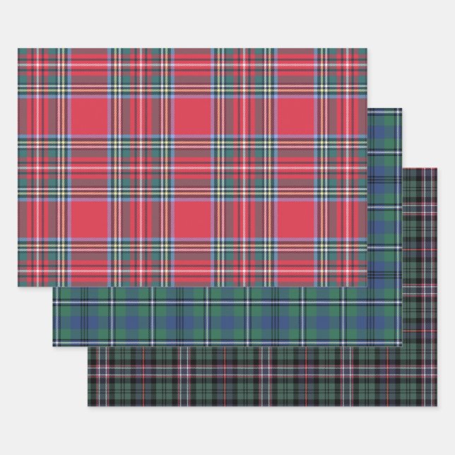 Hoja De Papel De Regalo Navidades clásicos Scottish Tartan Plaid Trio (Set)