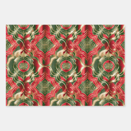 Hoja De Papel De Regalo Navidades colores rojo verde oro Damasco sin costu