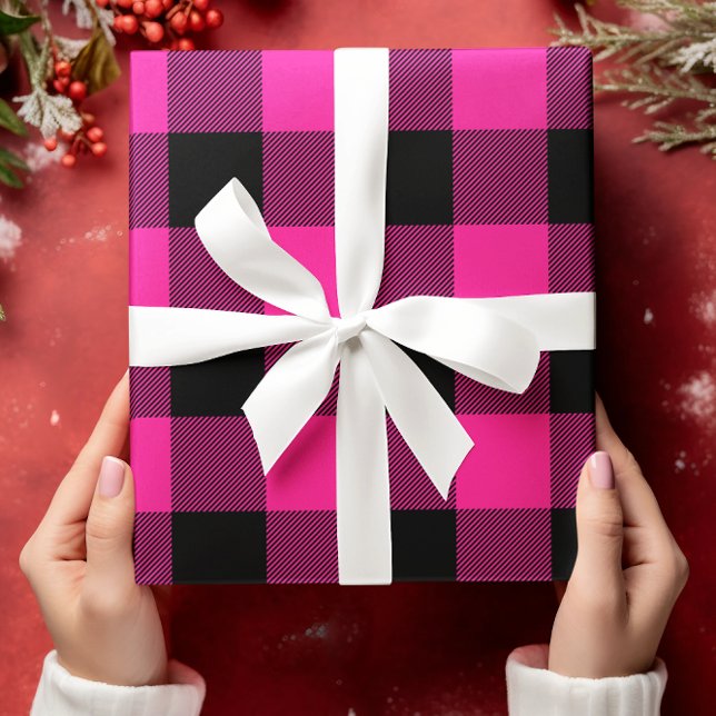 Hoja De Papel De Regalo Navidades con manto de búfalo negro y rosado calie (Hot Pink Buffalo Plaid Gift Wrap)