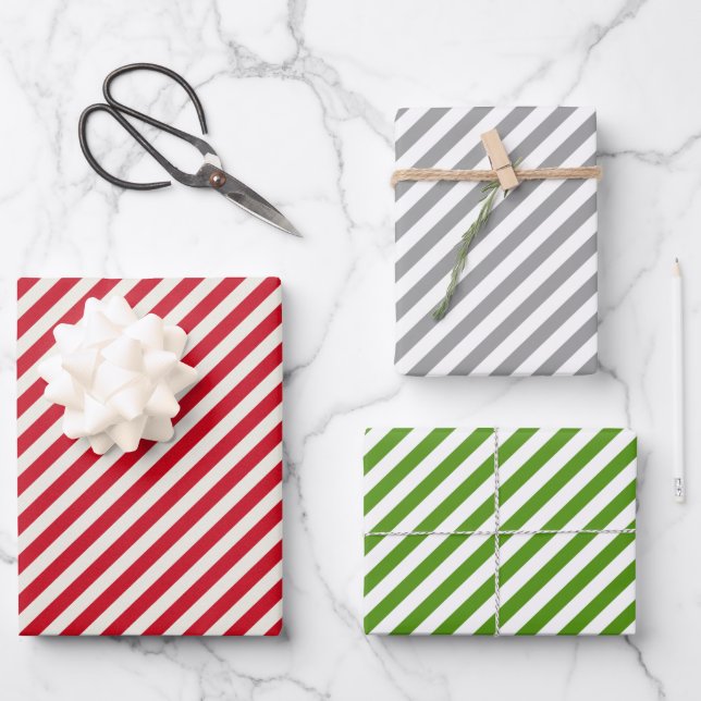 Hoja De Papel De Regalo Navidades con rayas rojas de plata verde (Anverso)