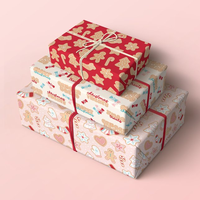 Hoja De Papel De Regalo Navidades Cookies de pan de jengibre y patrones de (Set of 3 Christmas Gingerbread Cookies and Candy Patterns in Red, Pastel Pink, Blue and Beige)