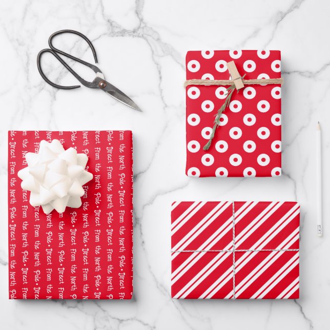 Hoja De Papel De Regalo Navidades coordinados en blanco y rojo brillante (Anverso)