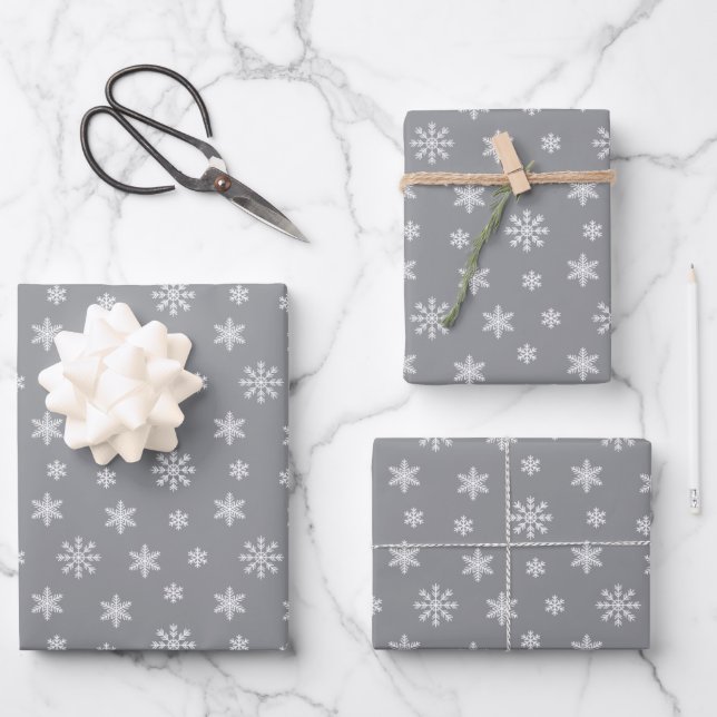 Hoja De Papel De Regalo Navidades copos de nieve blancos sobre fondo gris (Anverso)