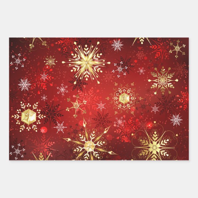Hoja De Papel De Regalo Navidades Copos de nieve dorados con fondo rojo (Anverso)