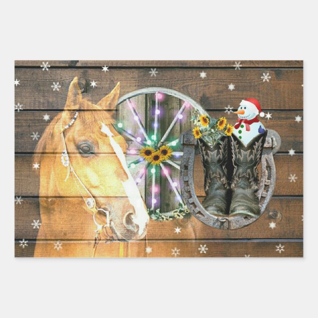 Hoja De Papel De Regalo Navidades Cowboy Boots Horse Wagon (Anverso)