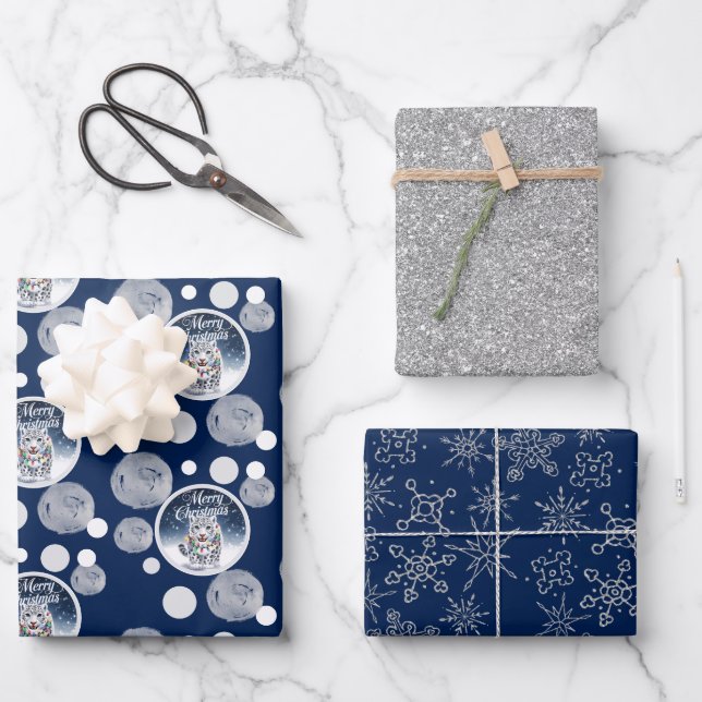 Hoja De Papel De Regalo Navidades Cute Blue & Silver Leopardo de la nieve (Anverso)