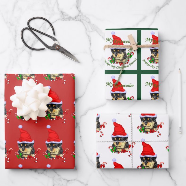 Hoja De Papel De Regalo Navidades Cute Rottweiler Puppy Santa (Anverso)