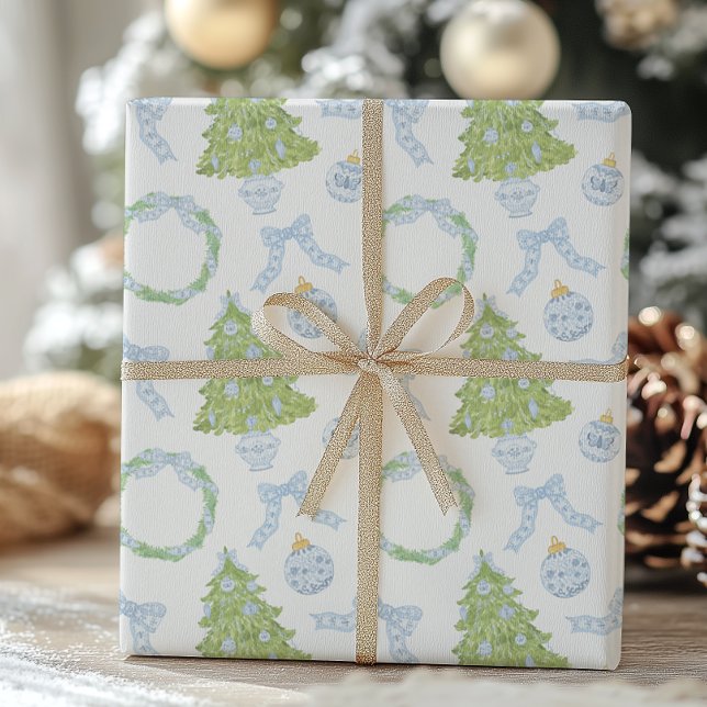 Hoja De Papel De Regalo Navidades de acuarela Blue Bow Ginger Jar Trees (Subido por el creador)