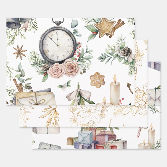 Hoja De Papel De Regalo Navidades de acuarela de época (Set)