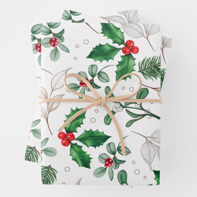 Hoja De Papel De Regalo Navidades de acuarela dejan blanco y bayas (In situ)