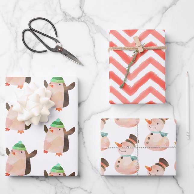 Hoja De Papel De Regalo Navidades de acuarela Envoltura de regalo de Snowm (Anverso)