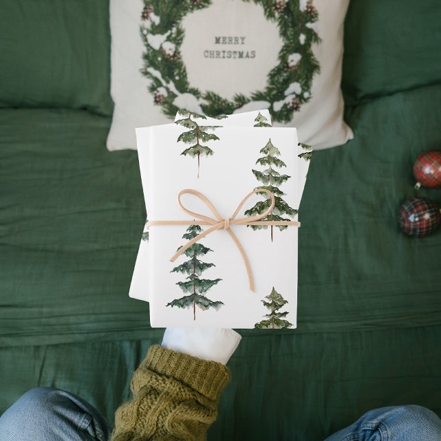 Hoja De Papel De Regalo Navidades de acuarela modernos Árbol de pino verde (Subido por el creador)